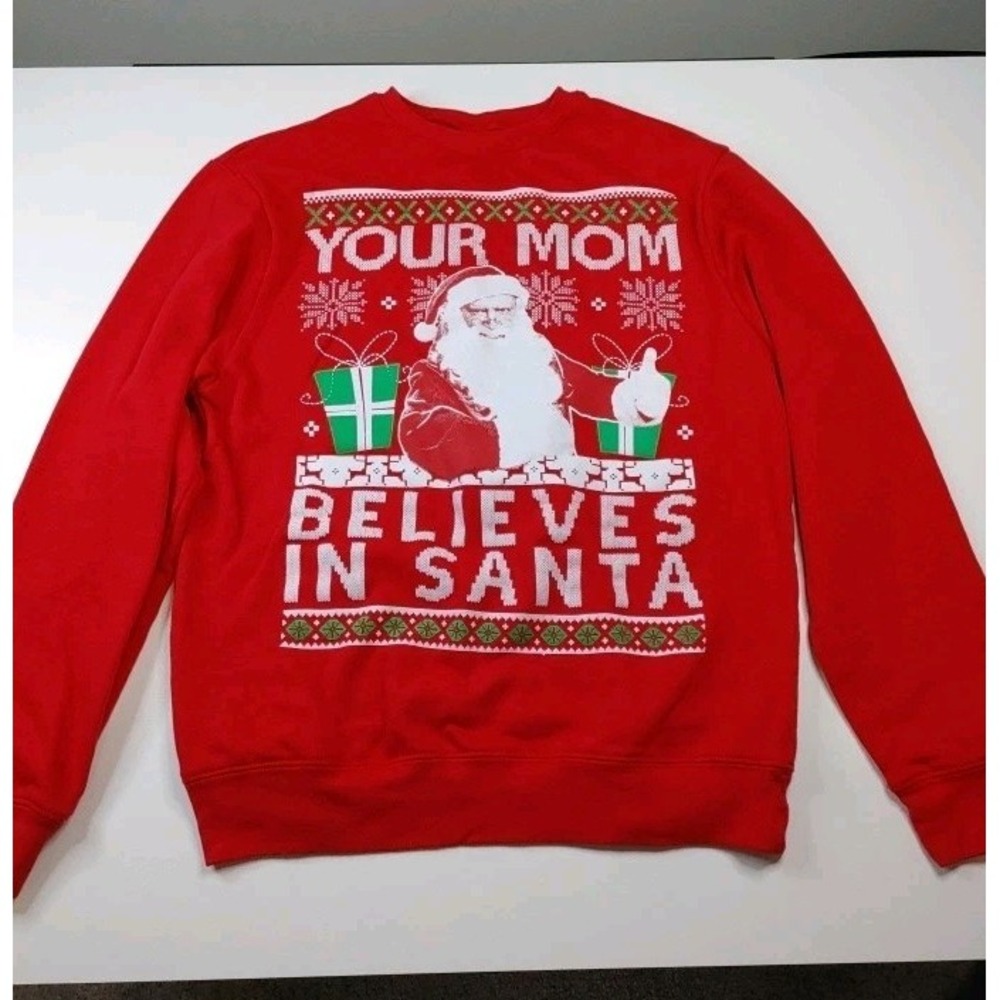 Novelty Your Mom Believes In Santa Ugly Christmas Sweatshirt Red Womens Medium